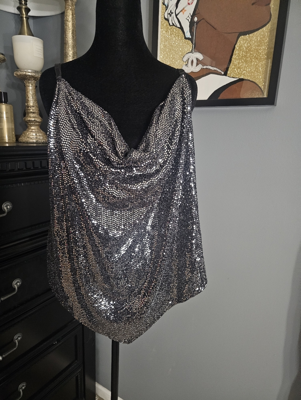 Women’s Silver Sequin Cowl Neck Tank Top
